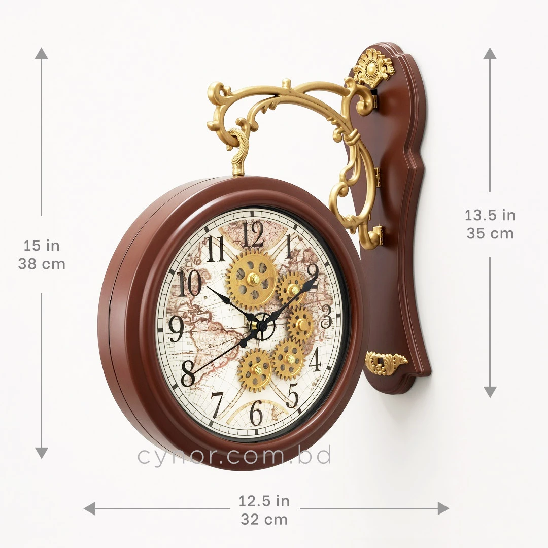 WC801-Double Sided Wall Clock Mahogany Color Fiber Body with Golden Bracket and World Map Gear Dial (3) WC801-Double Sided Wall Clock Mahogany Color Fiber Body with Golden Bracket and World Map Gear Dial (3)