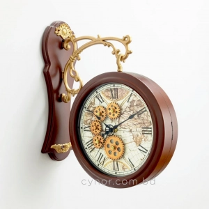 WC801-Double Sided Wall Clock Mahogany Color Fiber Body with Golden Bracket and World Map Gear Dial (4)