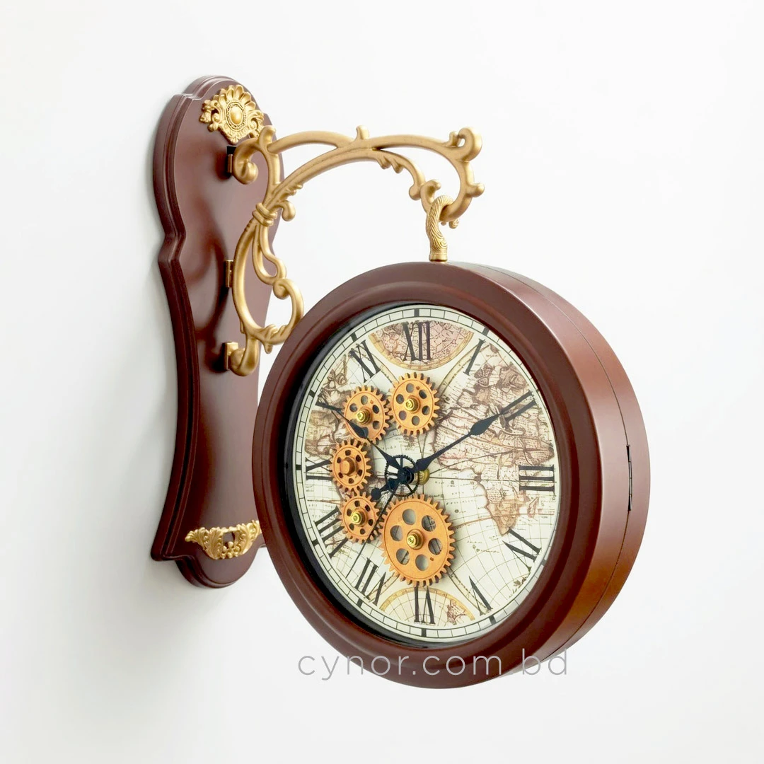 WC801-Double Sided Wall Clock Mahogany Color Fiber Body with Golden Bracket and World Map Gear Dial (4) WC801-Double Sided Wall Clock Mahogany Color Fiber Body with Golden Bracket and World Map Gear Dial (4)