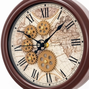 WC801-Double Sided Wall Clock Mahogany Color Fiber Body with Golden Bracket and World Map Gear Dial (5)