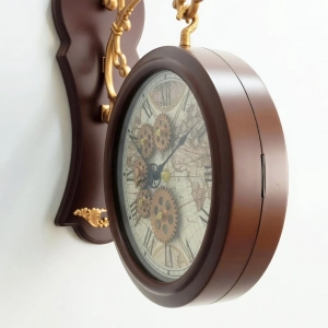 WC801-Double Sided Wall Clock Mahogany Color Fiber Body with Golden Bracket and World Map Gear Dial (7)