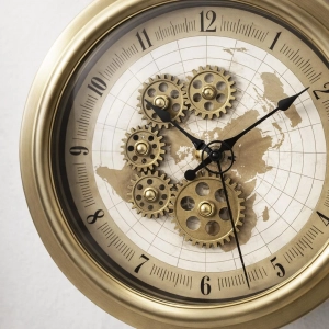 WC802-Double Sided Station Wall Clock Antique Brass Brushed Fiber Body with World Map Gear Dial (2)