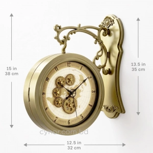 WC802-Double Sided Station Wall Clock Antique Brass Brushed Fiber Body with World Map Gear Dial (4)