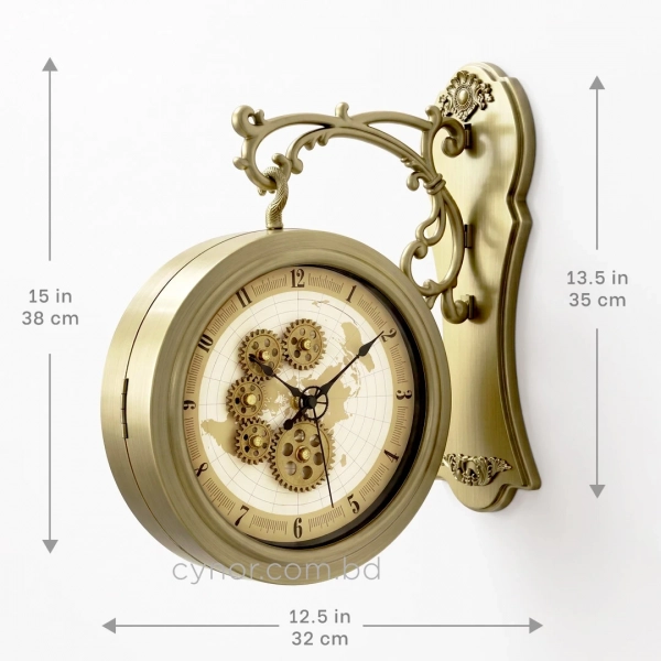 WC802-Double Sided Station Wall Clock Antique Brass Brushed Fiber Body with World Map Gear Dial (4)