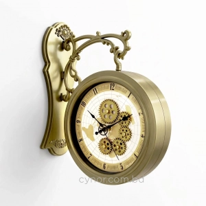 WC802-Double Sided Station Wall Clock Antique Brass Brushed Fiber Body with World Map Gear Dial (5)