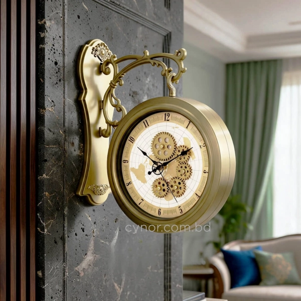 WC802-Double Sided Station Wall Clock Antique Brass Brushed Fiber Body with World Map Gear Dial (6)