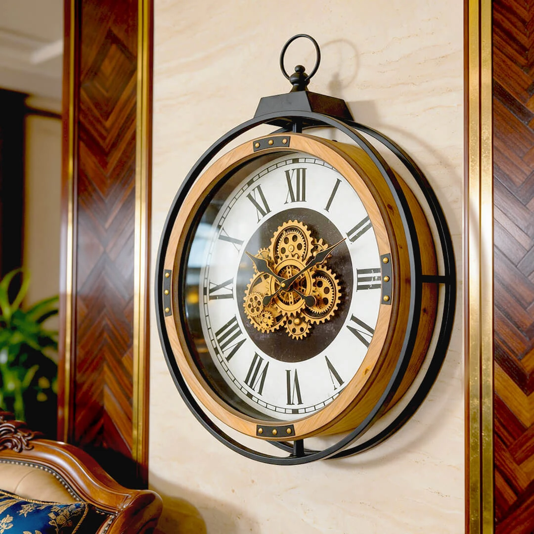 WC803-Grand European Horology-Inspired Wooden Wall Clock with Metal Frame and Rotating Mechanical Gears (1) WC803-Grand European Horology-Inspired Wooden Wall Clock with Metal Frame and Rotating Mechanical Gears (1)
