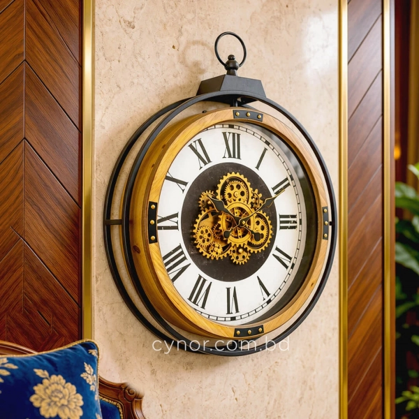 WC803-Grand European Horology-Inspired Wooden Wall Clock with Metal Frame and Rotating Mechanical Gears (2)