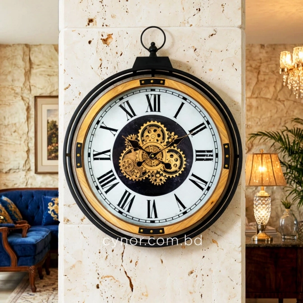 WC803-Grand European Horology-Inspired Wooden Wall Clock with Metal Frame and Rotating Mechanical Gears (3)
