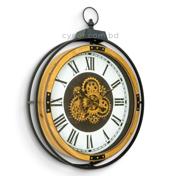 WC803-Grand European Horology-Inspired Wooden Wall Clock with Metal Frame and Rotating Mechanical Gears (5)