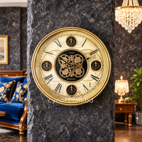 WC804-Luxury Antique Heritage World Map Metal Wall Clock in Antique Golden Finish with Rotating Gears (12)