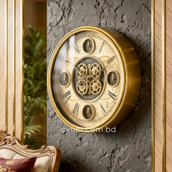 WC804-Luxury Antique Heritage World Map Metal Wall Clock in Antique Golden Finish with Rotating Gears (13)