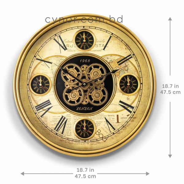WC804-Luxury Antique Heritage World Map Metal Wall Clock in Antique Golden Finish with Rotating Gears (2)