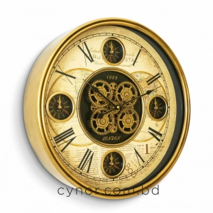 WC804-Luxury Antique Heritage World Map Metal Wall Clock in Antique Golden Finish with Rotating Gears (3)