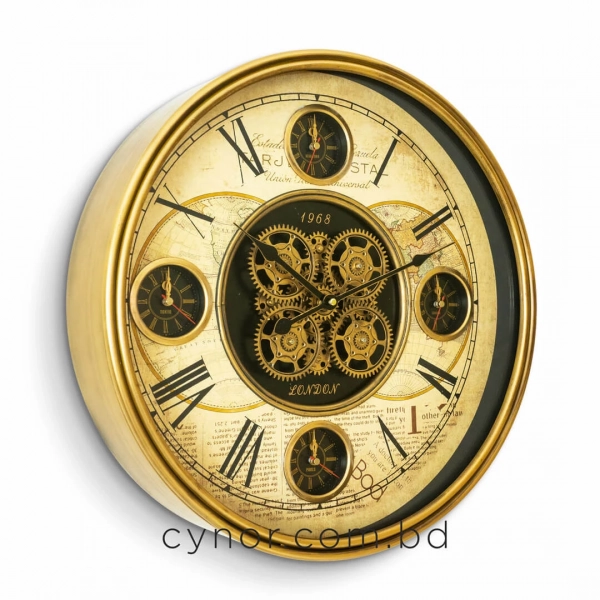 WC804-Luxury Antique Heritage World Map Metal Wall Clock in Antique Golden Finish with Rotating Gears (3)