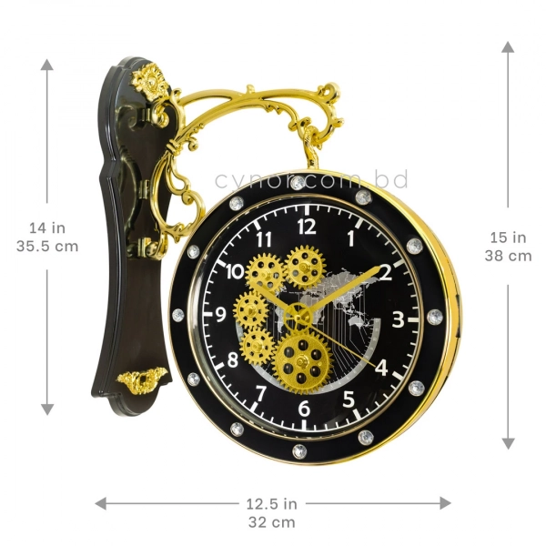 WC806-Double Sided Wall Clock World Map Rotating Gear Dial Fiber Body with Crystal Stone Bezel (2)