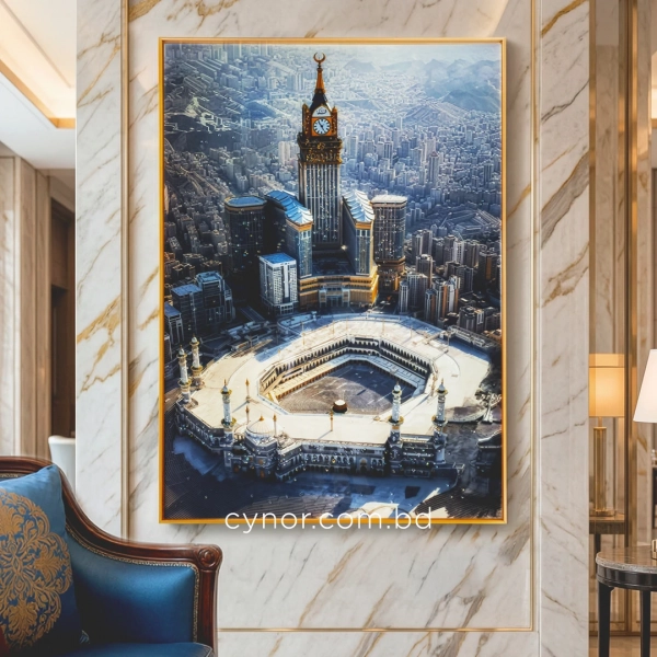 WR649-3-Makkah Clock Tower Wall Art with Resin Stone Accents and Golden Aluminium Frame (1)