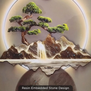 WR677-8-Bonsai Mountain Landscape Wall Art with Resin Stone Accents and Golden Aluminium Frame (4)