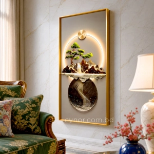 WR677-8-Bonsai Mountain Landscape Wall Art with Resin Stone Accents and Golden Aluminium Frame (8)