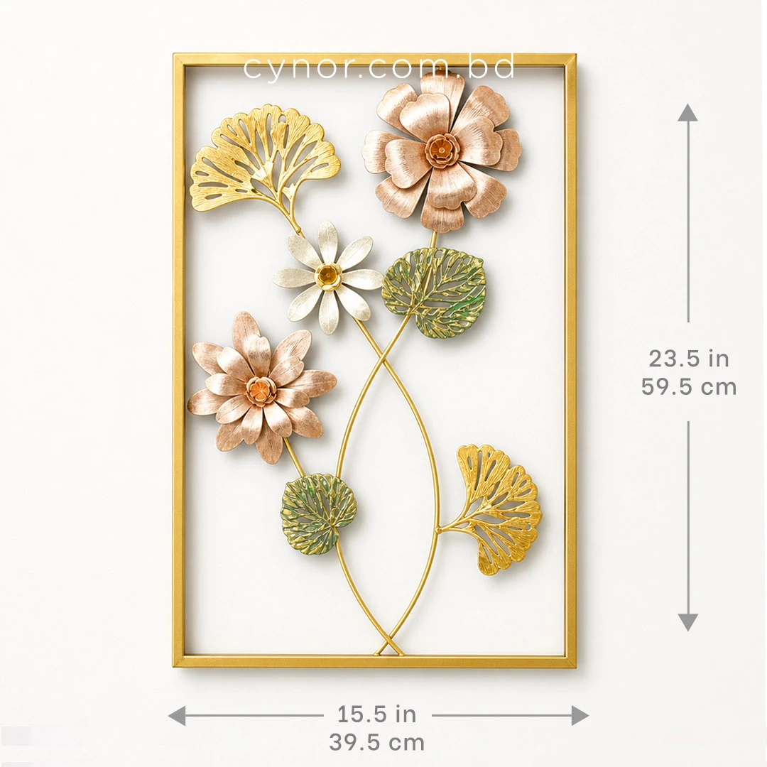 WR739-4-Compact Metal Wall Decor with Golden Frame and Rose Gold, Green, Beige Floral Design (2) WR739-4-Compact Metal Wall Decor with Golden Frame and Rose Gold, Green, Beige Floral Design (2)