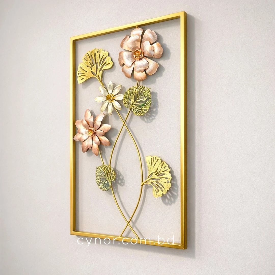 WR739-4-Compact Metal Wall Decor with Golden Frame and Rose Gold, Green, Beige Floral Design (3) WR739-4-Compact Metal Wall Decor with Golden Frame and Rose Gold, Green, Beige Floral Design (3)