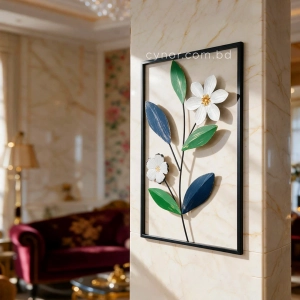 WR739-5-Compact Metal Wall Decor with Black Frame and White, Green, Navy Blue Floral Design (1)