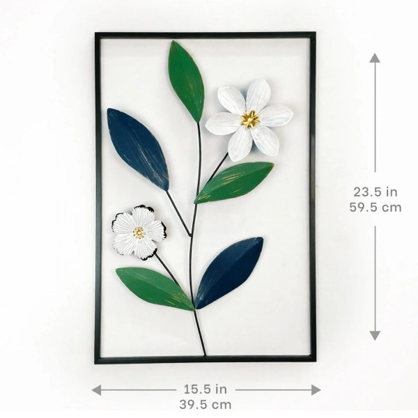 WR739-5-Compact Metal Wall Decor with Black Frame and White, Green, Navy Blue Floral Design (2)