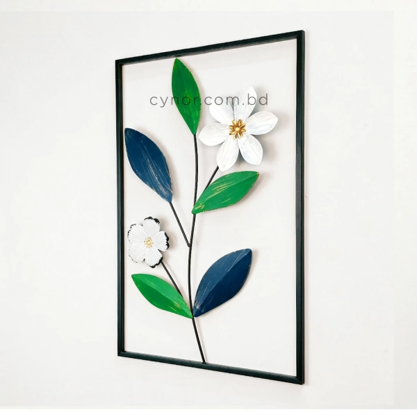 WR739-5-Compact Metal Wall Decor with Black Frame and White, Green, Navy Blue Floral Design (3)