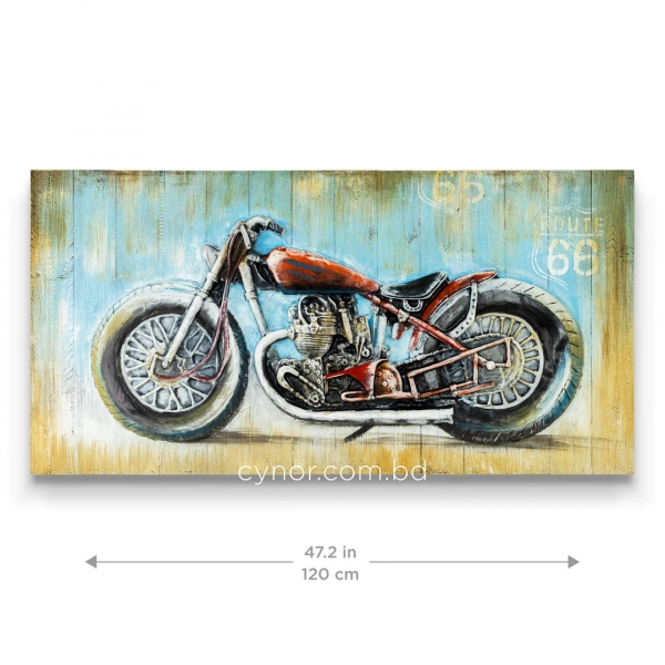 WR740-3D Raised Fiber Vintage Route 66 Motorcycle Art on Distressed Wooden Board Frame (2)