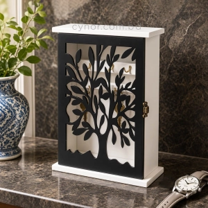 WR741-Wooden Key Cabinet with Black Tree Silhouette Cutout and Glass Window (1)