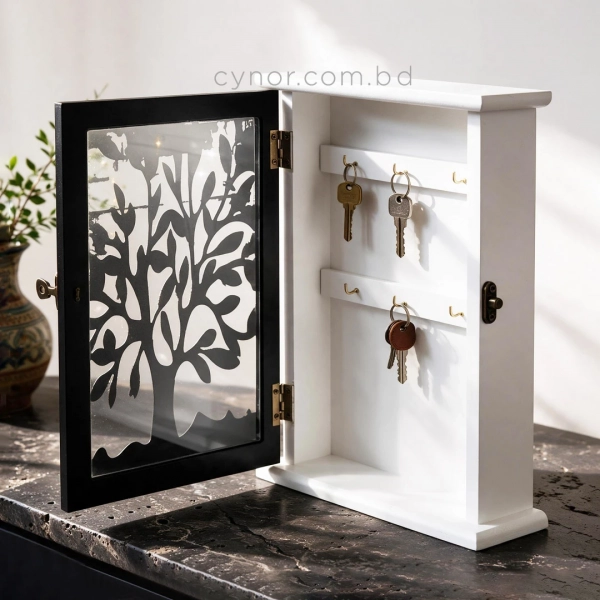 WR741-Wooden Key Cabinet with Black Tree Silhouette Cutout and Glass Window (2)
