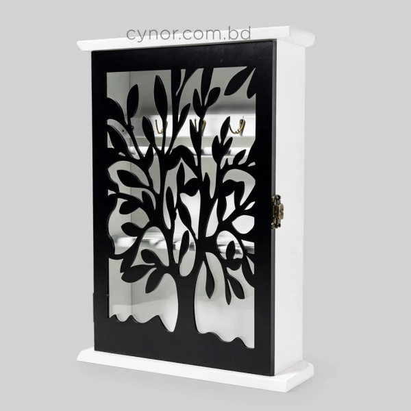 WR741-Wooden Key Cabinet with Black Tree Silhouette Cutout and Glass Window (4)