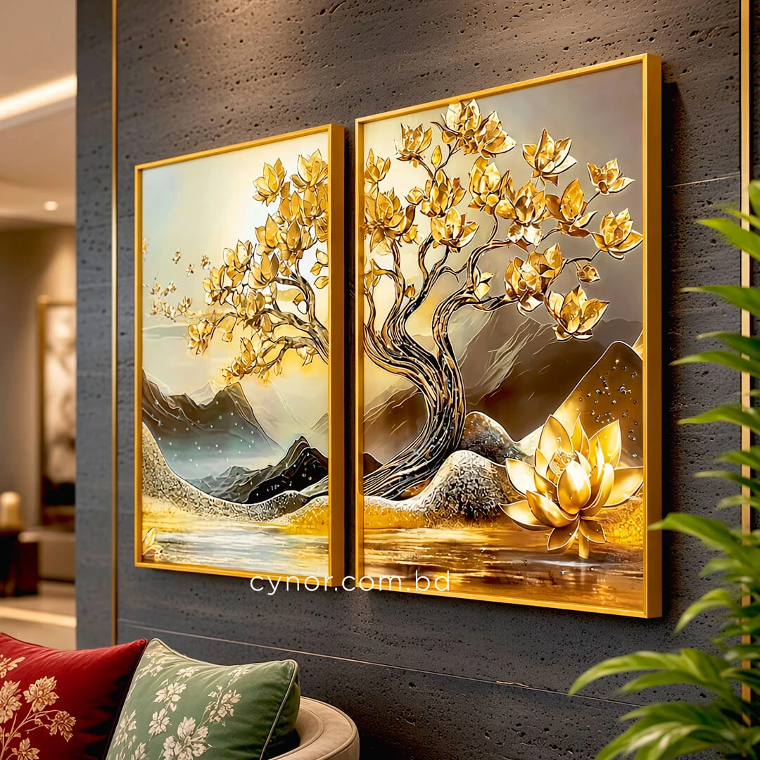 WR742-Diptych Wall Art Set Golden Blossom Tree and Lotus with Resin Stone Accents and Aluminium Frame (1) WR742-Diptych Wall Art Set Golden Blossom Tree and Lotus with Resin Stone Accents and Aluminium Frame (1)