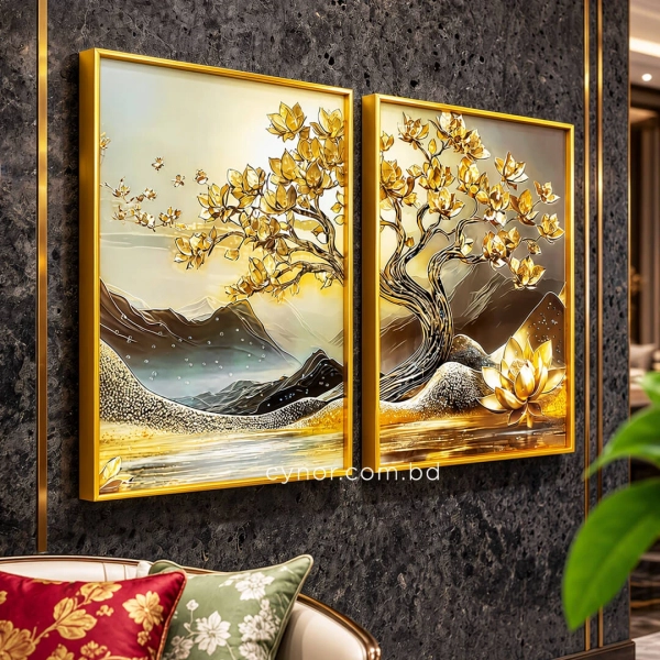 WR742-Diptych Wall Art Set Golden Blossom Tree and Lotus with Resin Stone Accents and Aluminium Frame (2)