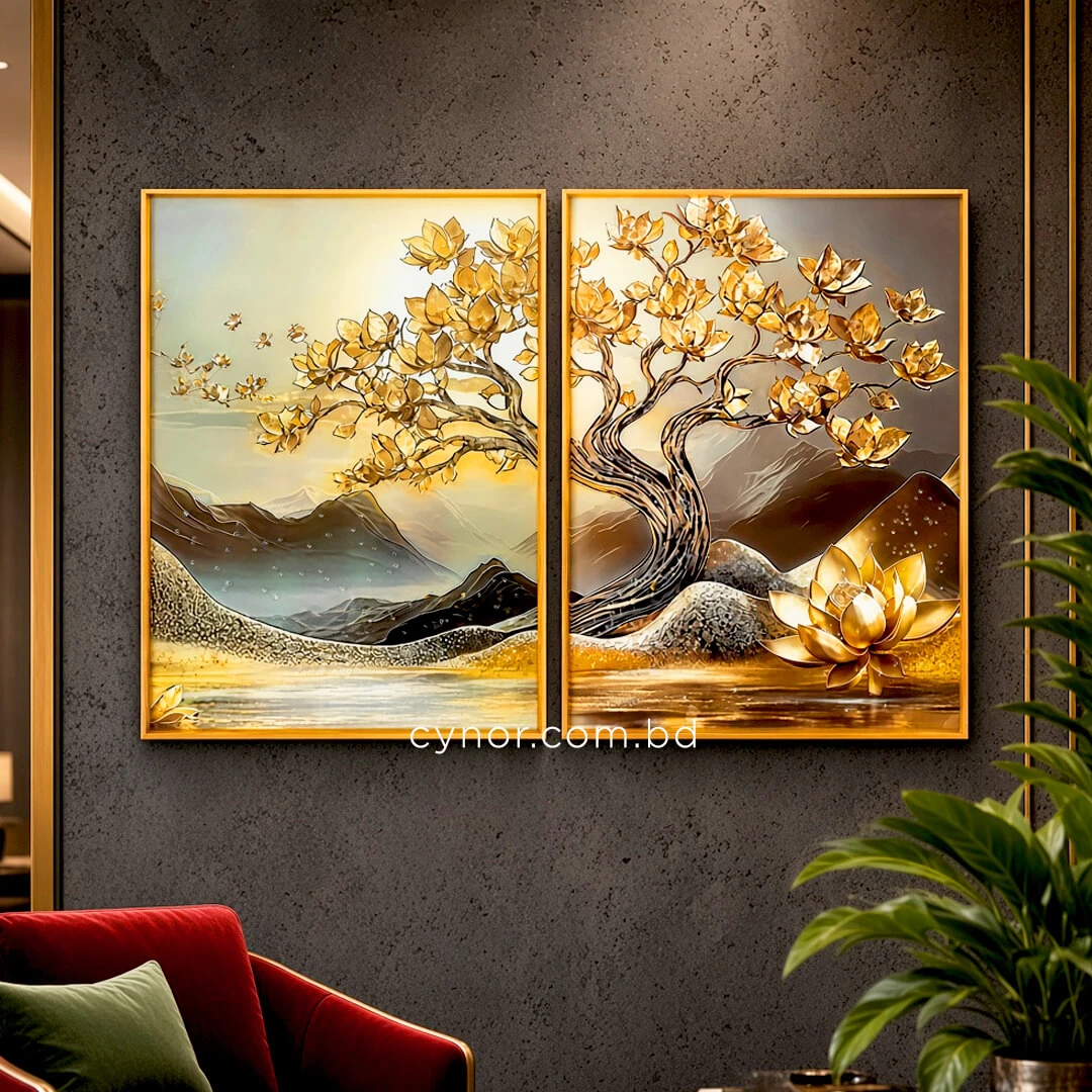 WR742-Diptych Wall Art Set Golden Blossom Tree and Lotus with Resin Stone Accents and Aluminium Frame (3) WR742-Diptych Wall Art Set Golden Blossom Tree and Lotus with Resin Stone Accents and Aluminium Frame (3)