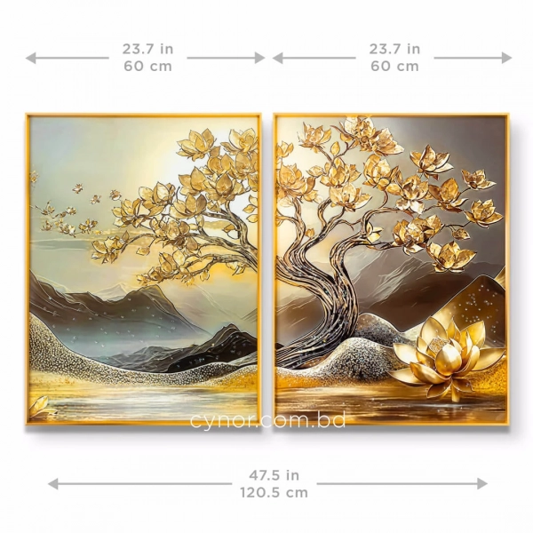 WR742-Diptych Wall Art Set Golden Blossom Tree and Lotus with Resin Stone Accents and Aluminium Frame (4)