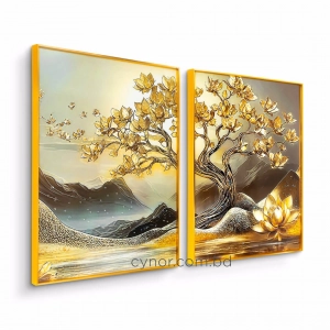 WR742-Diptych Wall Art Set Golden Blossom Tree and Lotus with Resin Stone Accents and Aluminium Frame (5)