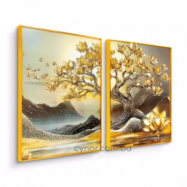 WR742-Diptych Wall Art Set Golden Blossom Tree and Lotus with Resin Stone Accents and Aluminium Frame (5)
