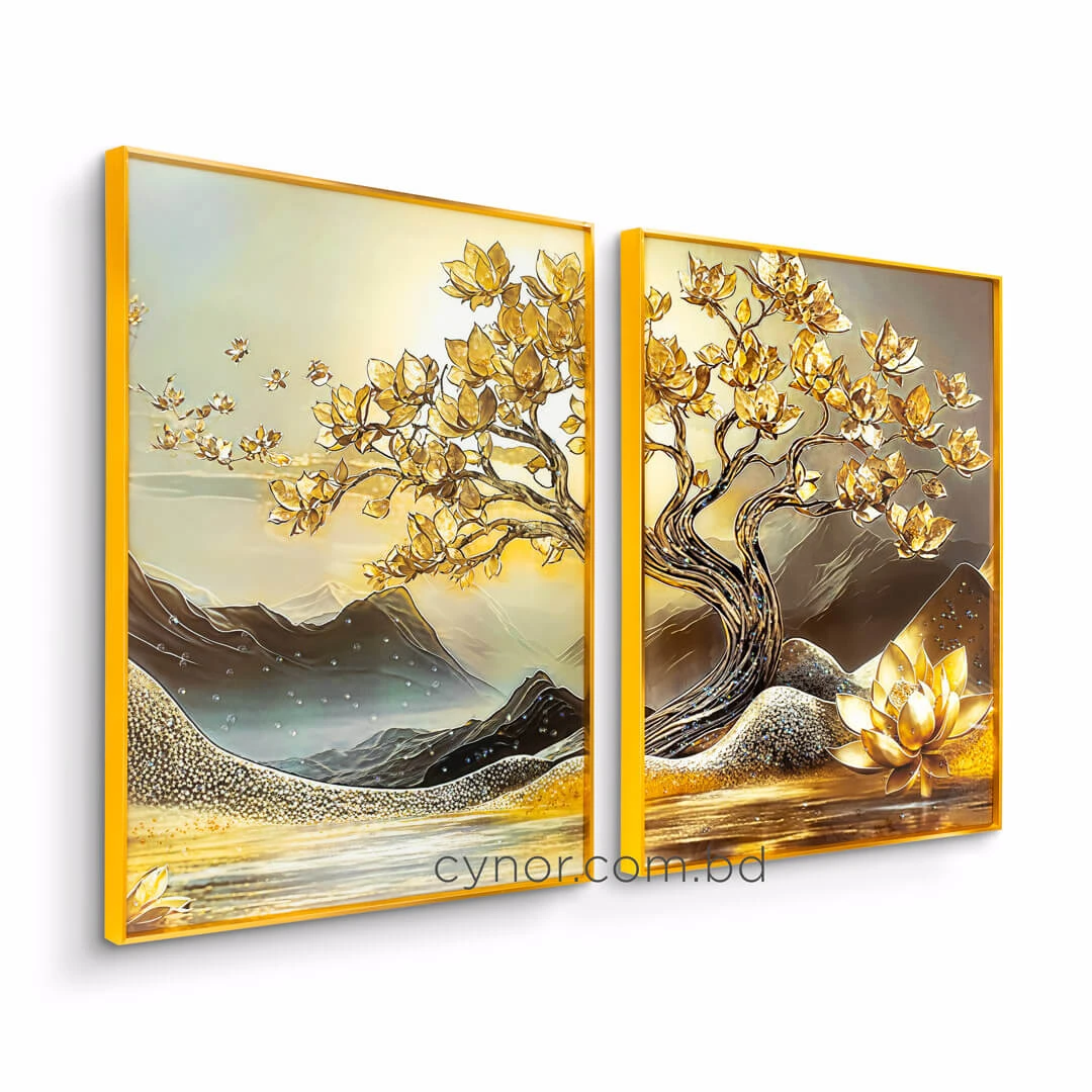 WR742-Diptych Wall Art Set Golden Blossom Tree and Lotus with Resin Stone Accents and Aluminium Frame (5) WR742-Diptych Wall Art Set Golden Blossom Tree and Lotus with Resin Stone Accents and Aluminium Frame (5)