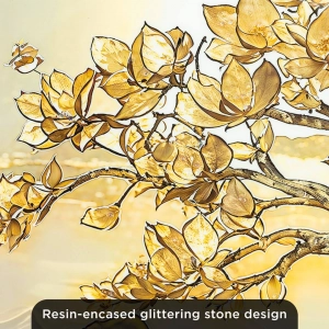 WR742-Diptych Wall Art Set Golden Blossom Tree and Lotus with Resin Stone Accents and Aluminium Frame (6)