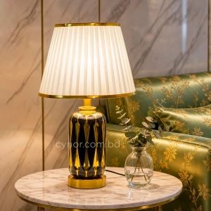 TL325-Black-2-Black and Gold Patterned Ceramic Table Lamp with Pleated White Fabric Shade (1)