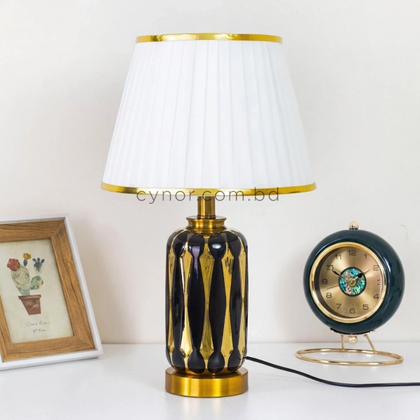 TL325-Black-2-Black and Gold Patterned Ceramic Table Lamp with Pleated White Fabric Shade (4)