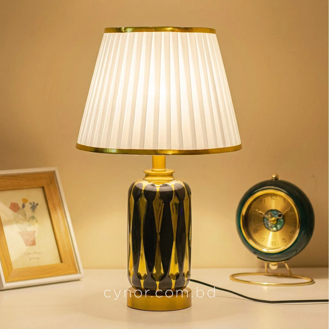 TL325-Black-2-Black and Gold Patterned Ceramic Table Lamp with Pleated White Fabric Shade (6) TL325-Black-2-Black and Gold Patterned Ceramic Table Lamp with Pleated White Fabric Shade (6)