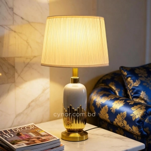 TL326-Ash-Ash Ceramic and Golden Fluted Metal Base Table Lamp with Cream Pleated Fabric Shade (7)