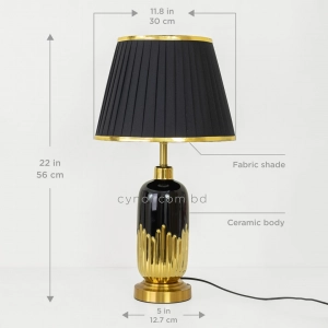 TL326-Black-Black Ceramic and Golden Fluted Metal Base Table Lamp with Black Pleated Fabric Shade (2)