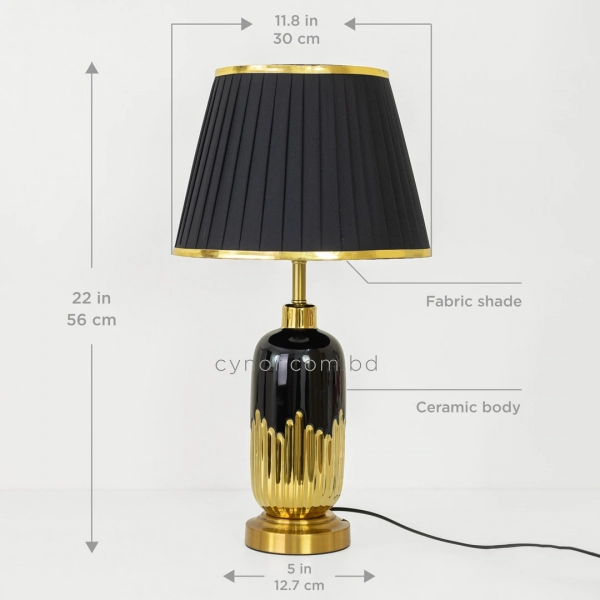 TL326-Black-Black Ceramic and Golden Fluted Metal Base Table Lamp with Black Pleated Fabric Shade (2)