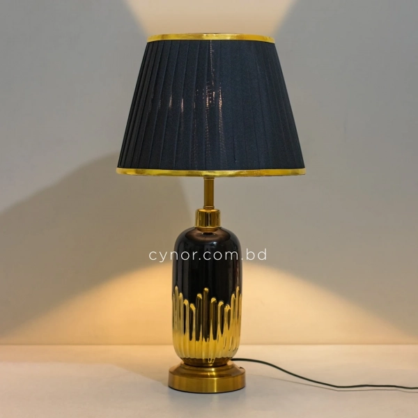 TL326-Black-Black Ceramic and Golden Fluted Metal Base Table Lamp with Black Pleated Fabric Shade (3)
