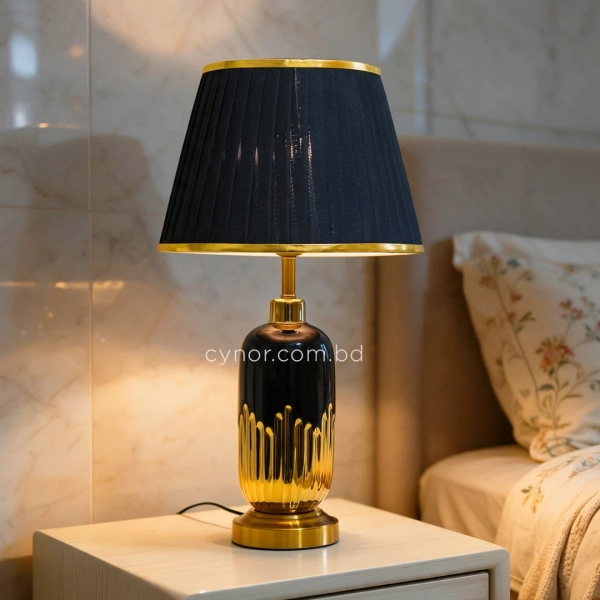 TL326-Black-Black Ceramic and Golden Fluted Metal Base Table Lamp with Black Pleated Fabric Shade (7)
