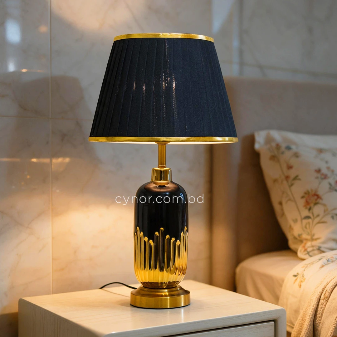 TL326-Black-Black Ceramic and Golden Fluted Metal Base Table Lamp with Black Pleated Fabric Shade (7) TL326-Black-Black Ceramic and Golden Fluted Metal Base Table Lamp with Black Pleated Fabric Shade (7)