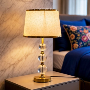 TL399-Golden Metal Body Stacked Glass Orb Design Table Lamp with Hardback Linen Fabric Shade (2)